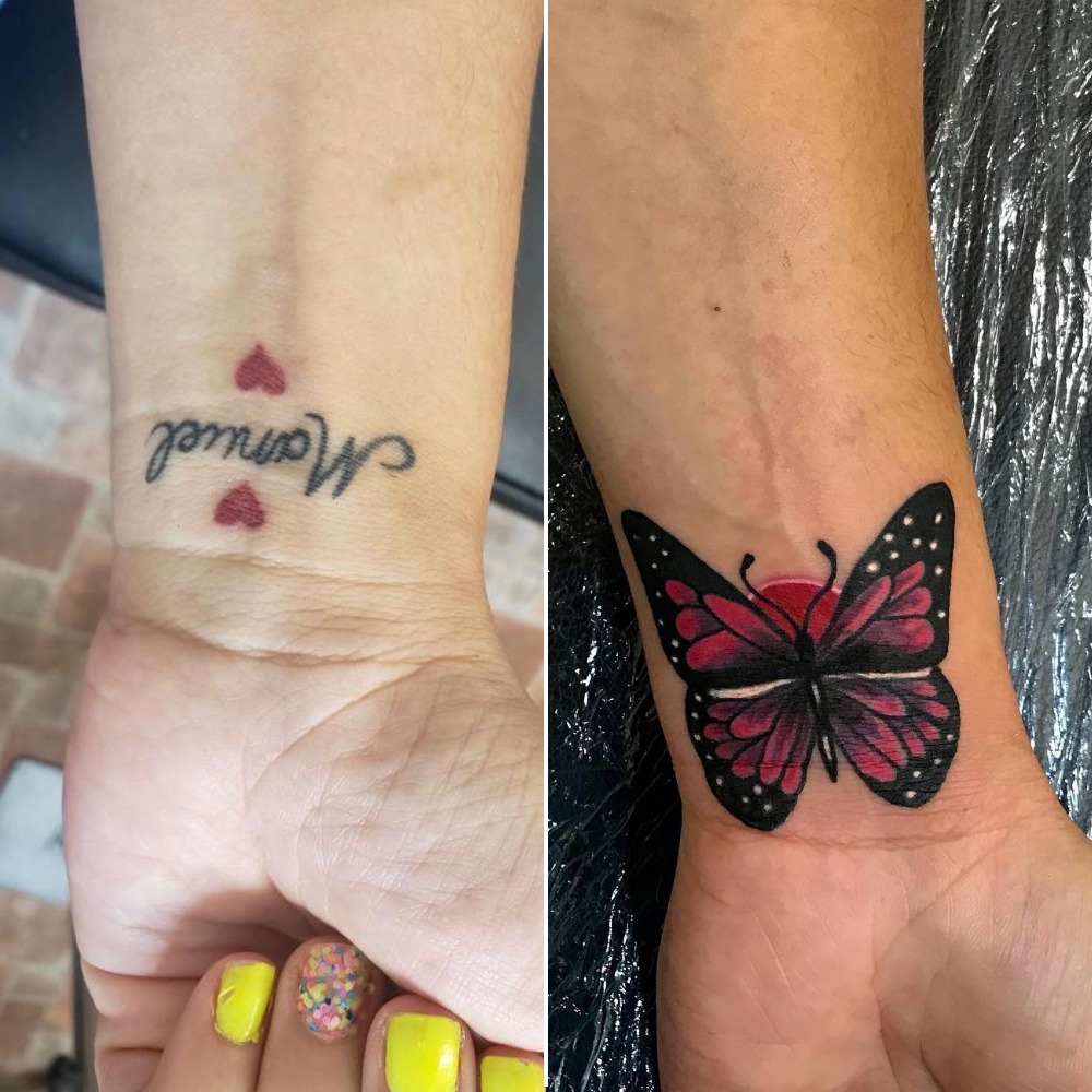 Red and Black Butterfly Wrist Name Cover-Up Tattoo Tattoo Design