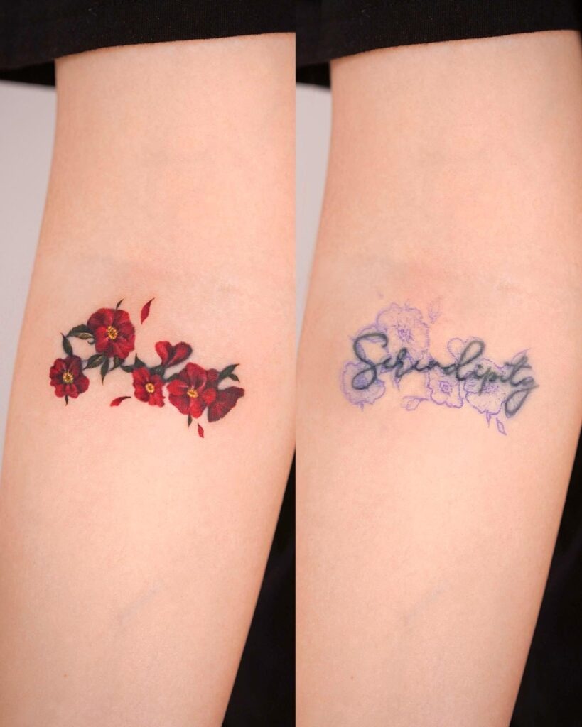 Red Floral Tattoo Covering Script Word Tattoo Design