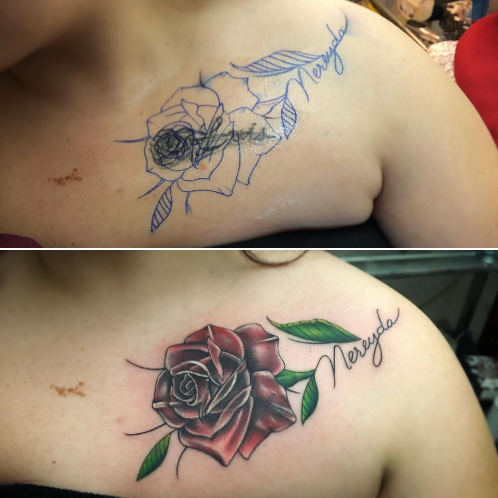 Red Rose Shoulder Tattoo Covering Name Tattoo Design