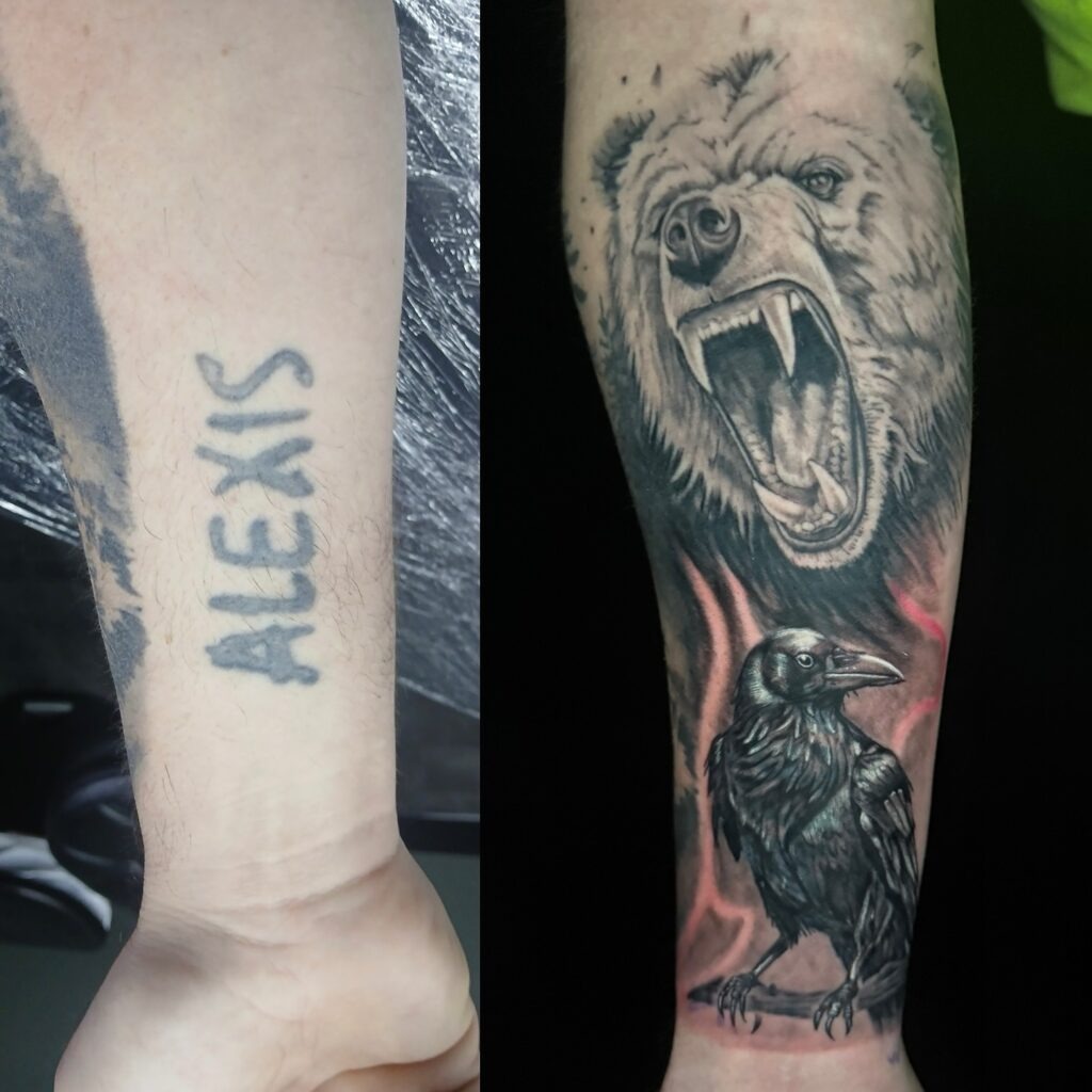 Roaring Bear and Raven Name Cover-Up Tattoo Tattoo Design