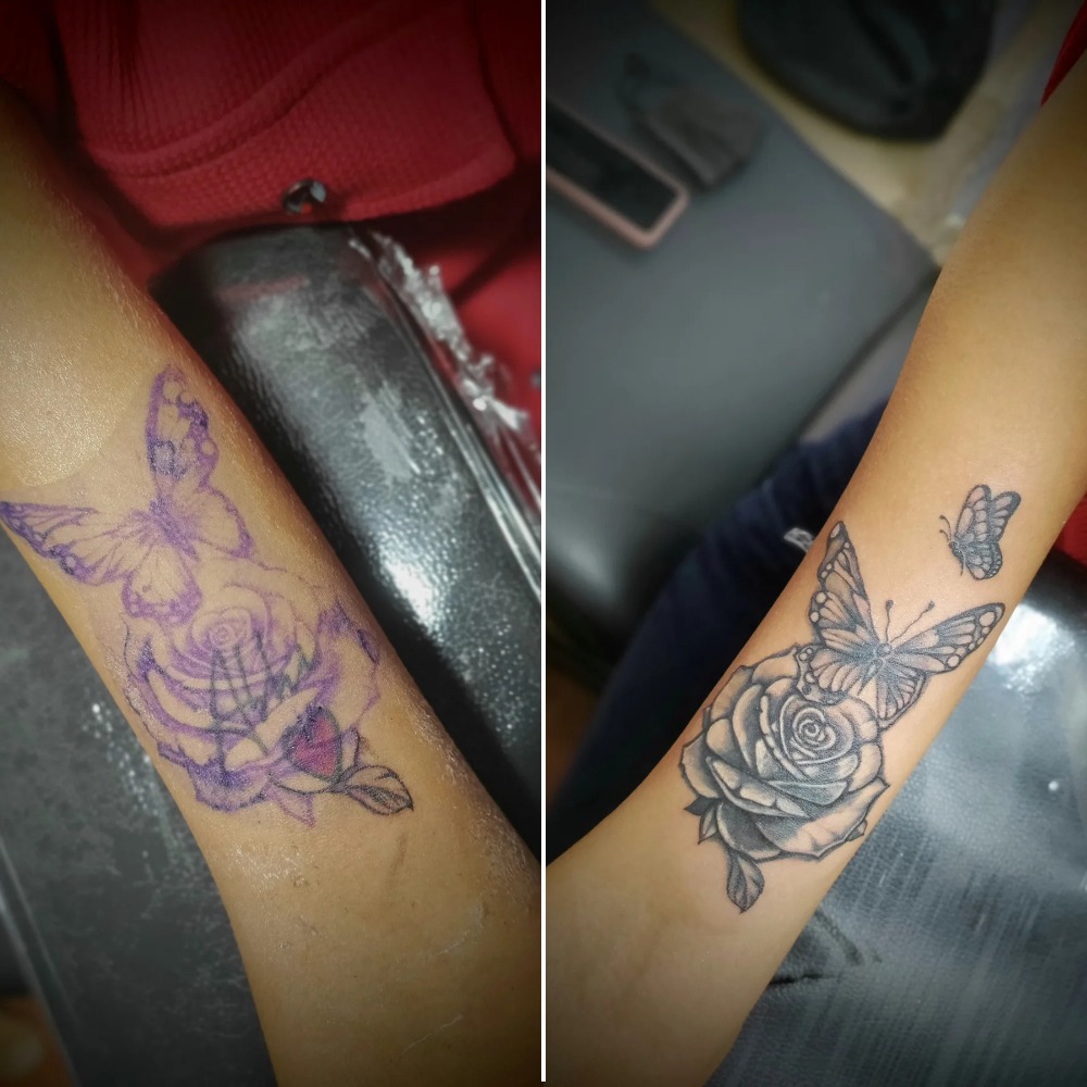 Rose and Butterflies Name Cover-Up Tattoo Tattoo Design