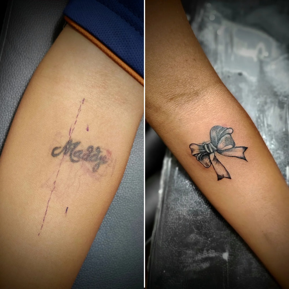 Shaded Ribbon Bow Tattoo Covering Name Tattoo Design
