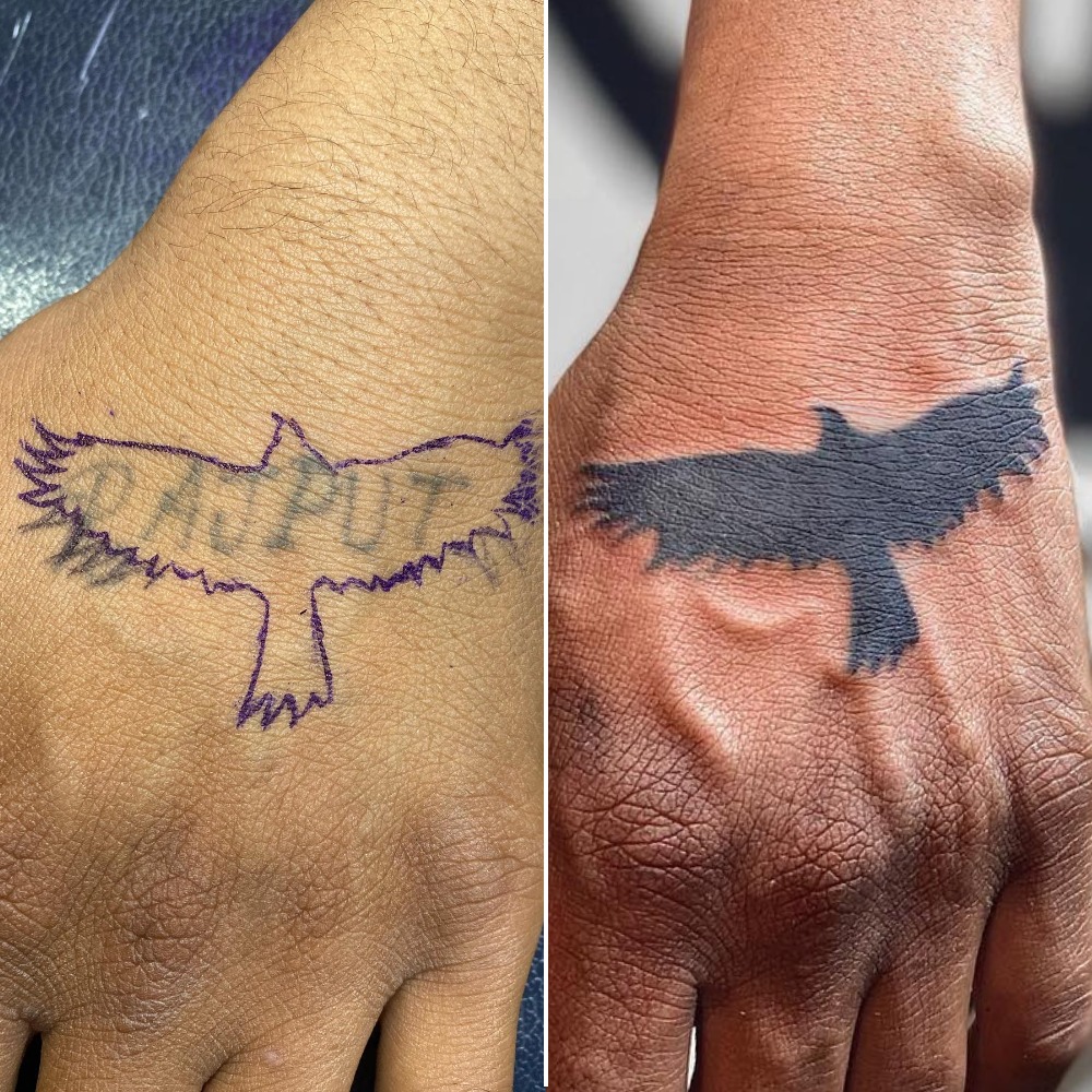 Silhouette Eagle Name Cover-Up Tattoo on Hand Tattoo Design
