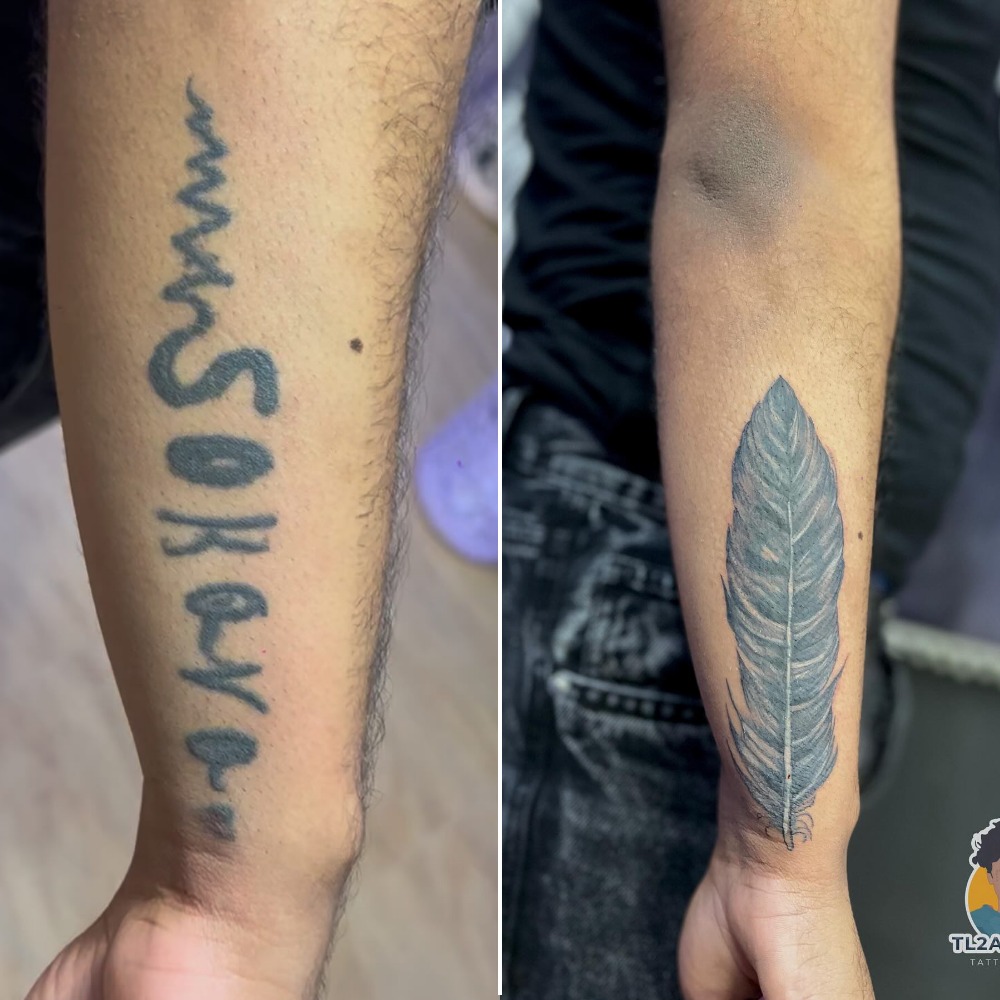 Soft Grey Feather Name Cover-Up Tattoo Tattoo Design