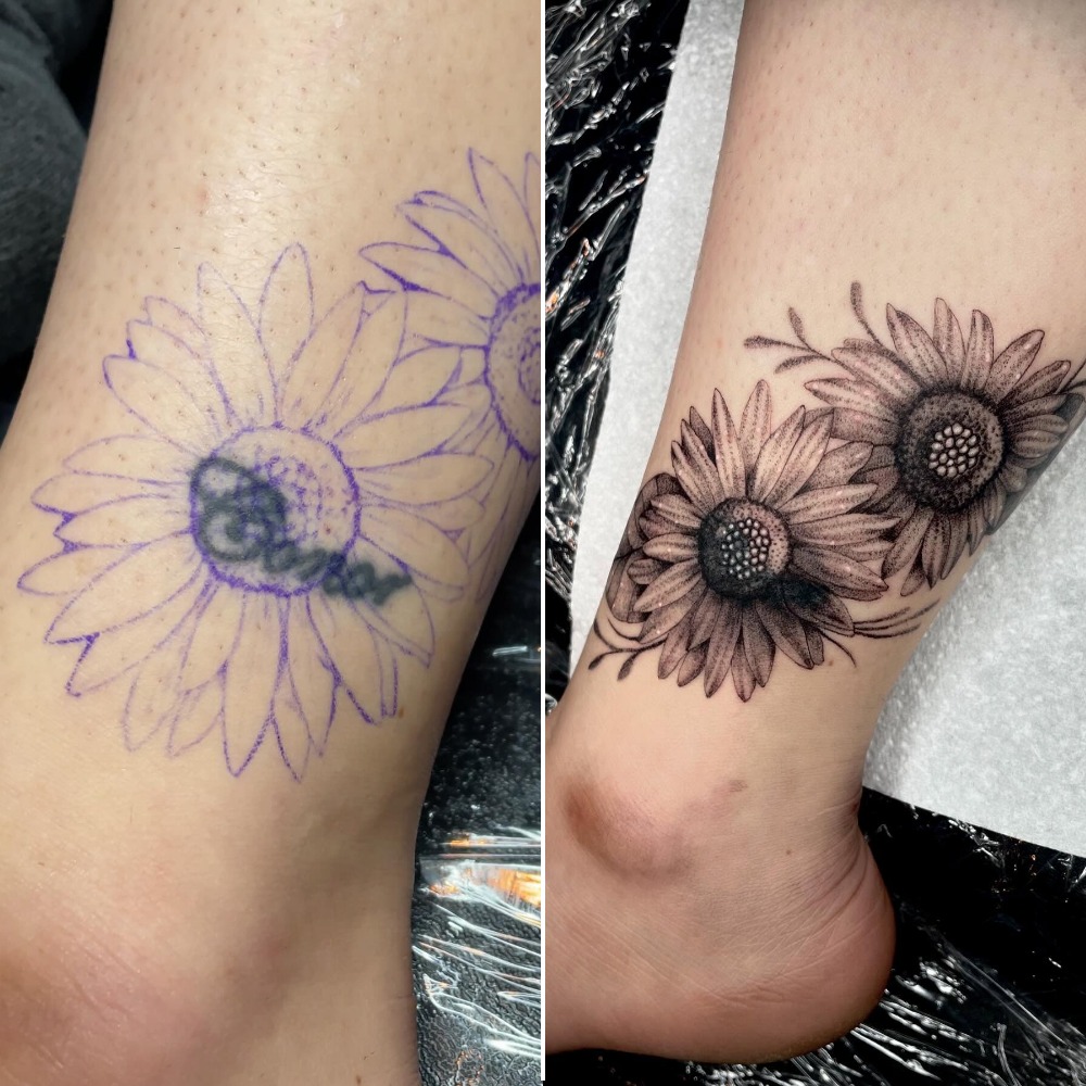 Sunflower Ankle Tattoo Covering Name Tattoo Design