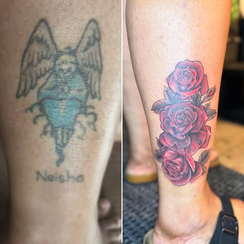 Three Red Roses Tattoo Covering Angel and Name Tattoo Design