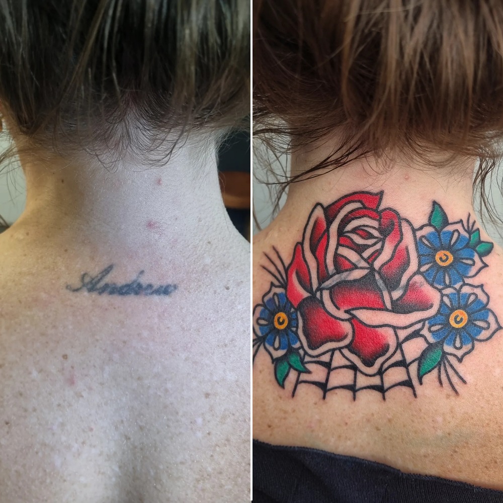 Traditional Rose and Web Name Cover-Up Tattoo Tattoo Design