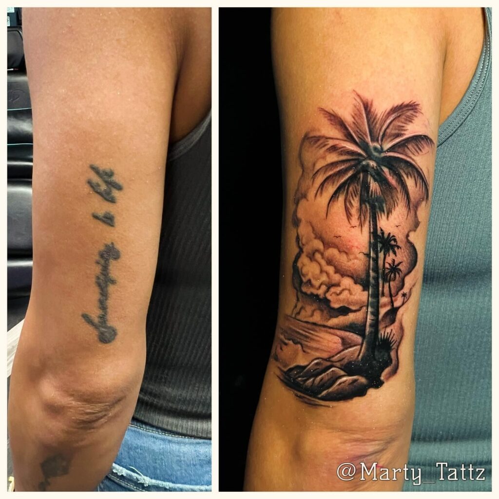 Tropical Beach Scene Name Cover-Up Tattoo Tattoo Design