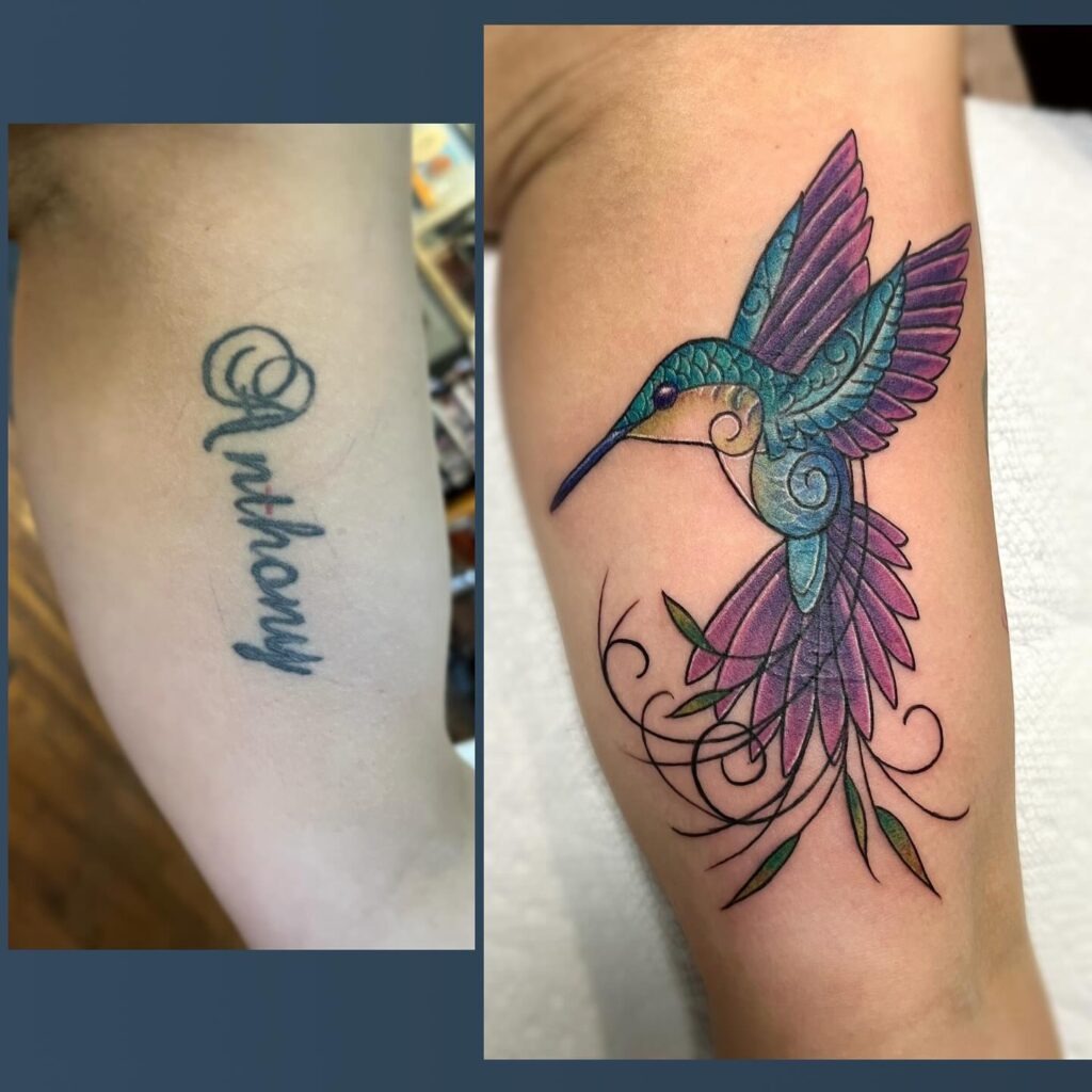 Vibrant Hummingbird Name Cover-Up Tattoo Tattoo Design