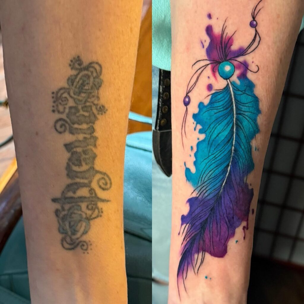 Watercolor Feather Name Cover-Up Tattoo Tattoo Design