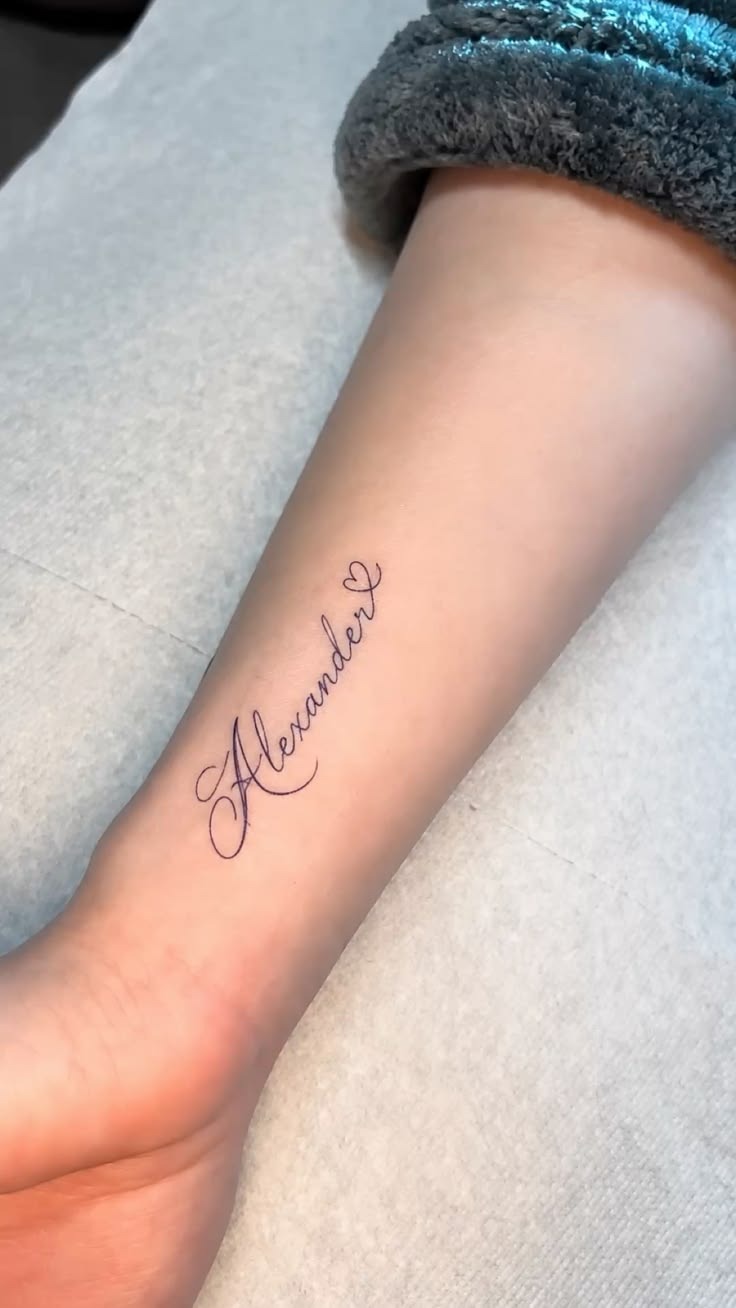 Alexander Fine Script Tattoo With Heart Tattoo Design