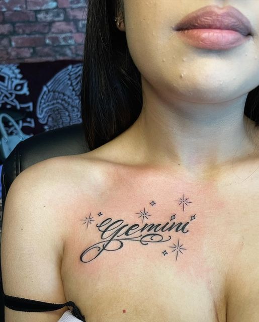 Gemini Name Tattoo With Fine Line Stars Tattoo Design