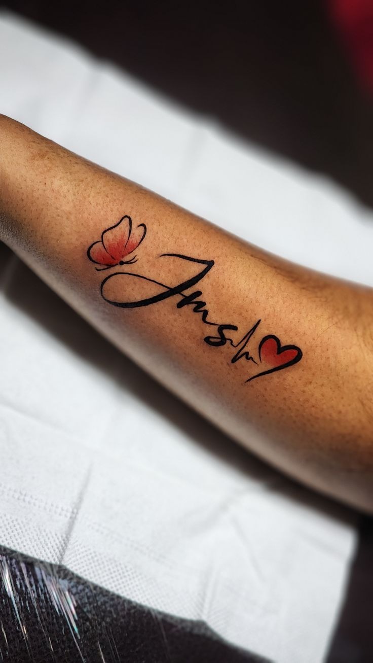 Name Tattoo With Butterfly and Heartbeat Detail Tattoo Design