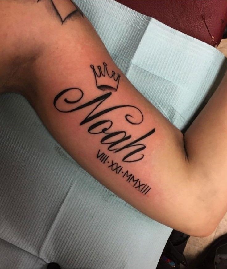 Noah Name Tattoo With Crown and Roman Numerals Tattoo Design