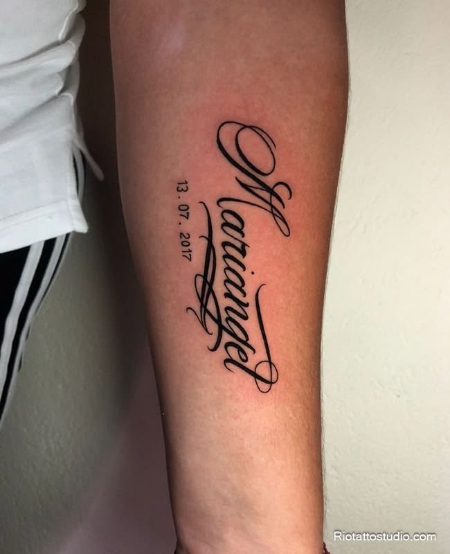Ornate Name Tattoo With a Meaningful Date Tattoo Design