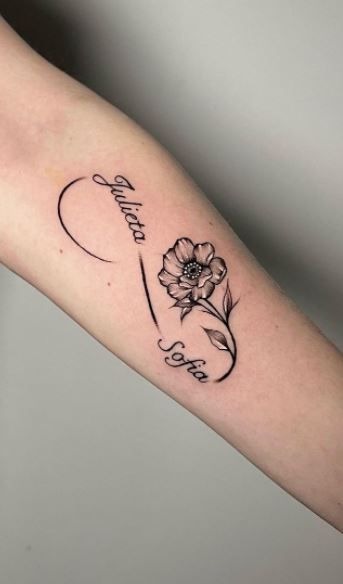 Two Names Connected by a Flower Tattoo Design