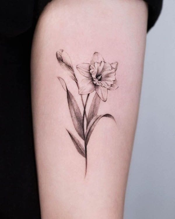 Black-and-Grey Narcissus Cluster With Leaves Tattoo Design