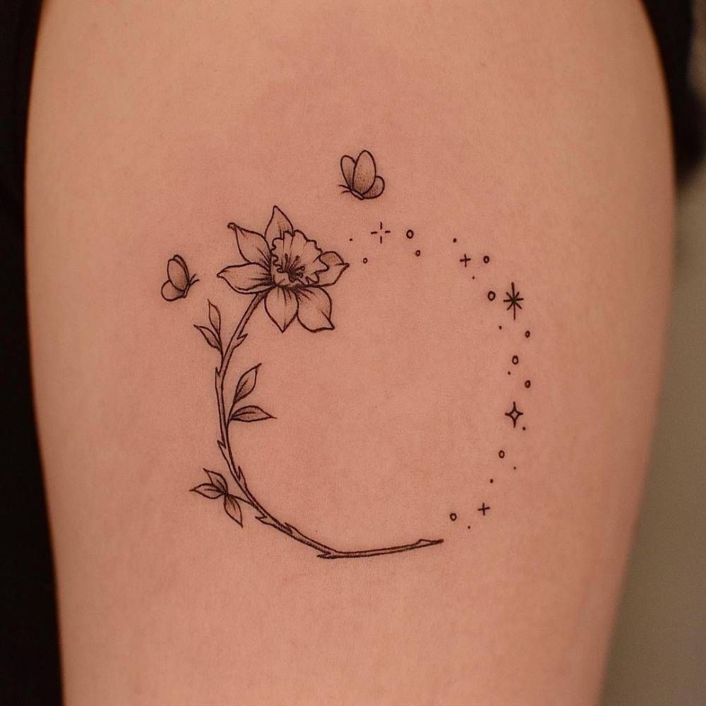 Dainty Curved Narcissus With Linework Halo Tattoo Design