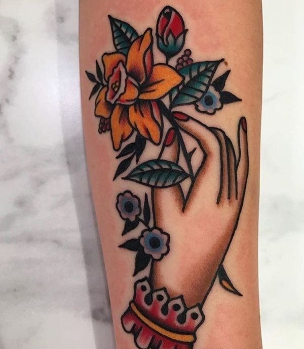 Narcissus and Rose Forearm Bouquet Tattoo Design