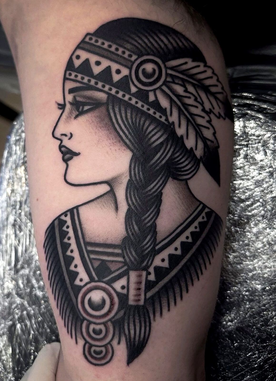 Blackwork Braided Woman Profile Tattoo Design