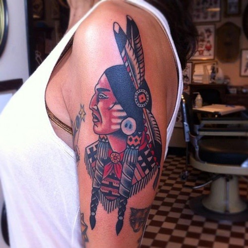 Bold Traditional Warrior Shoulder Portrait Tattoo Design
