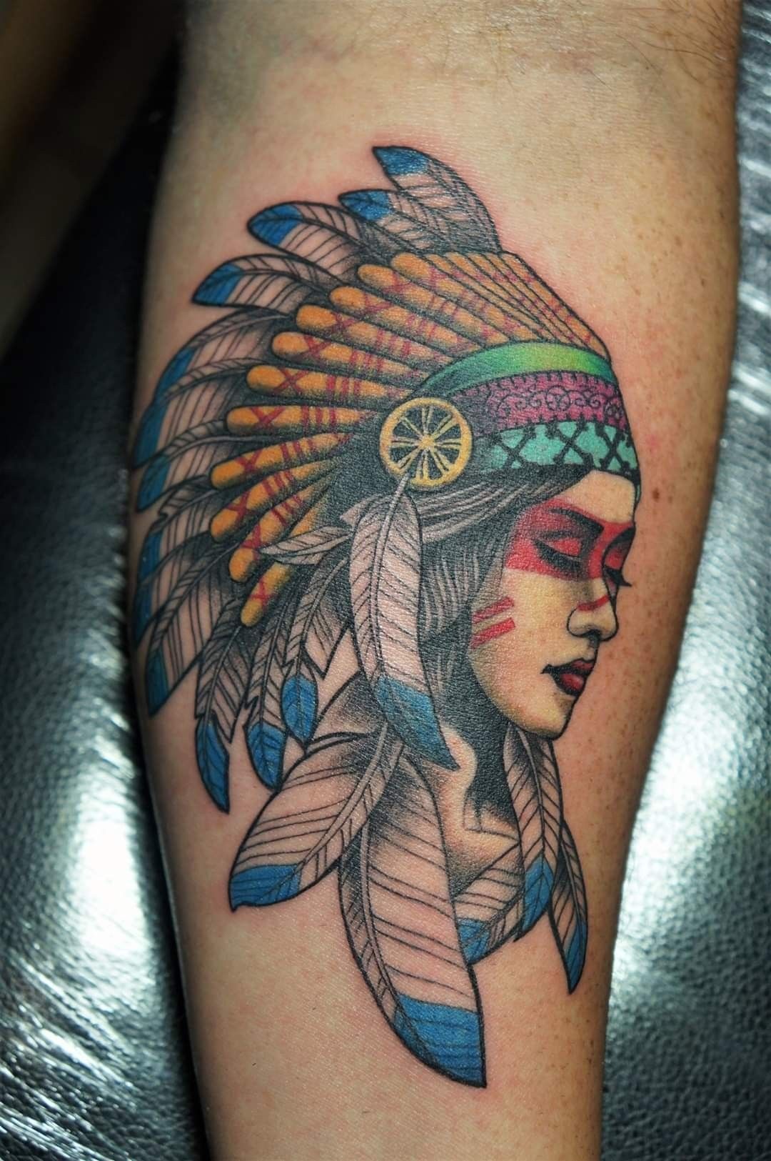 Colorful Headdress Portrait Art Tattoo Design