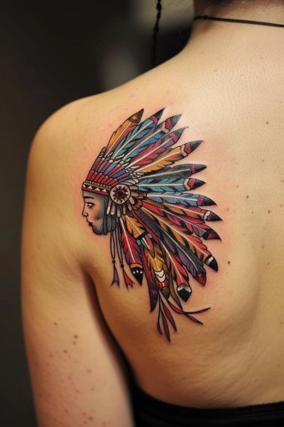 Colorful Shoulder Headdress Art Tattoo Design