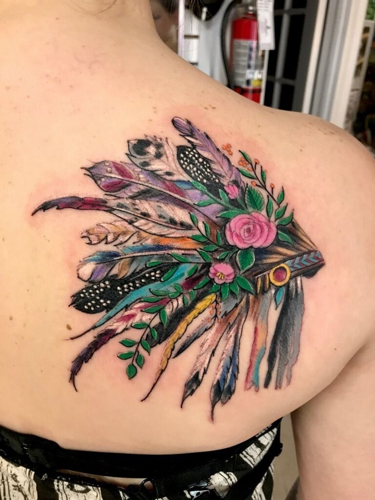 Floral Feather Headdress Shoulder Design Tattoo Design
