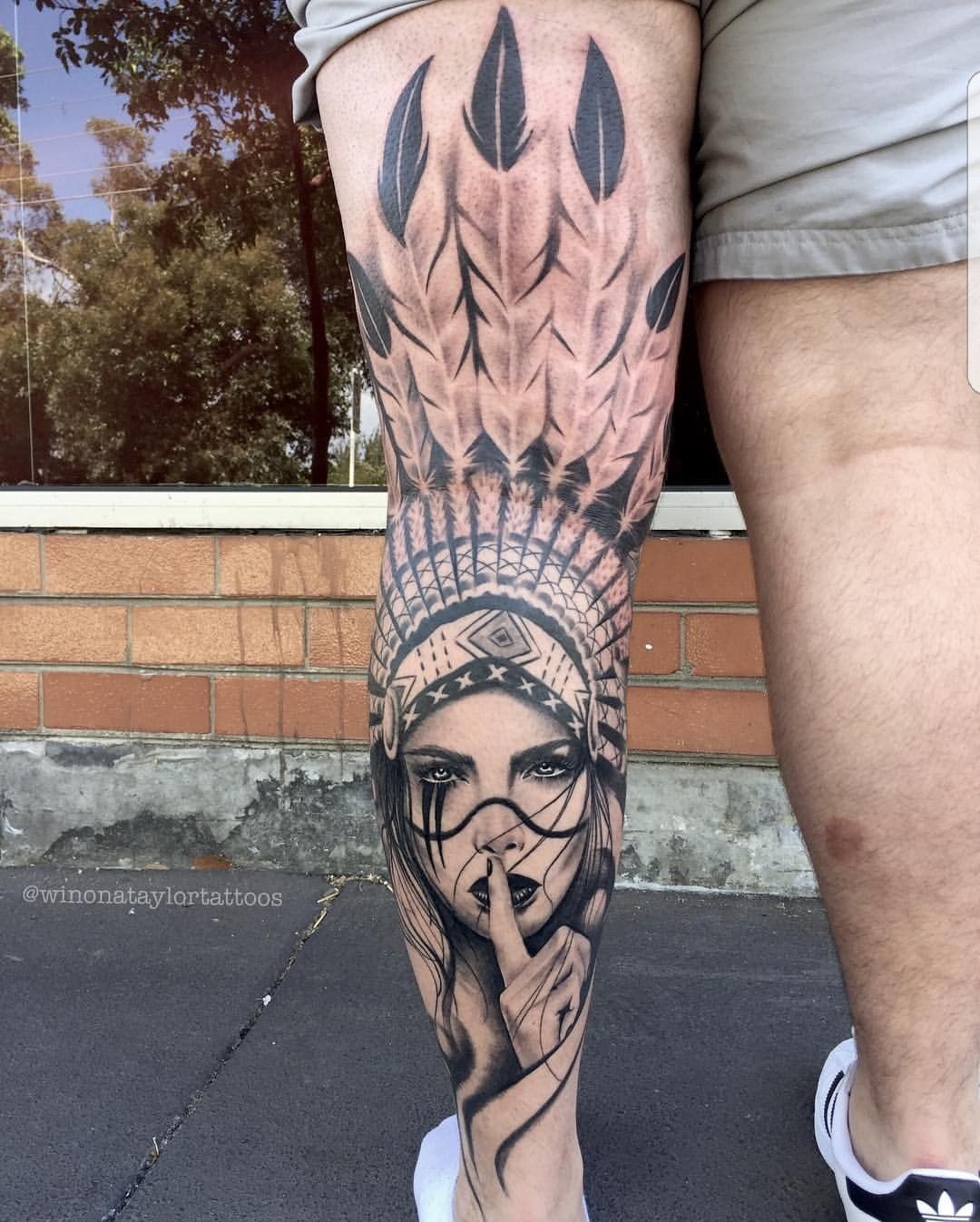 Large Thigh Headdress Realism Tattoo Design