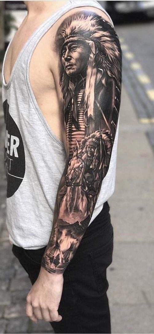 Realistic Warrior and Horse Sleeve Tattoo Design