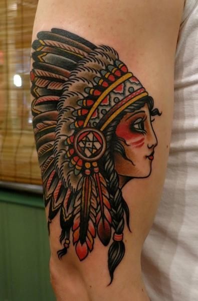 Traditional Color Headdress Portrait Tattoo Design