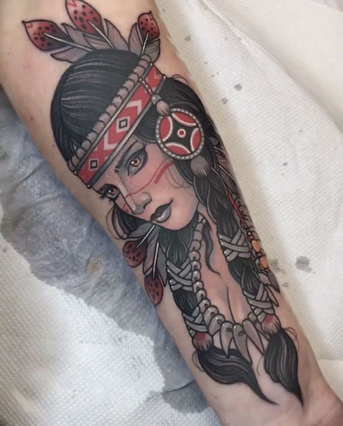 Traditional Native Portrait with Braided Hair Tattoo Design