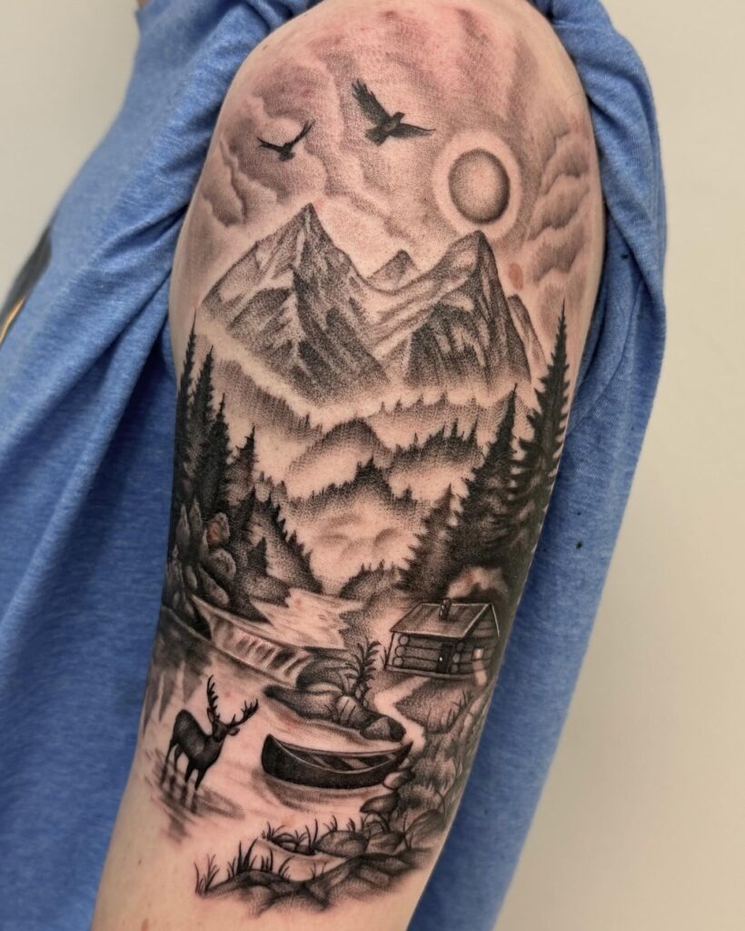 Cabin by the Mountain Lake Nature Scene Tattoo Tattoo Design