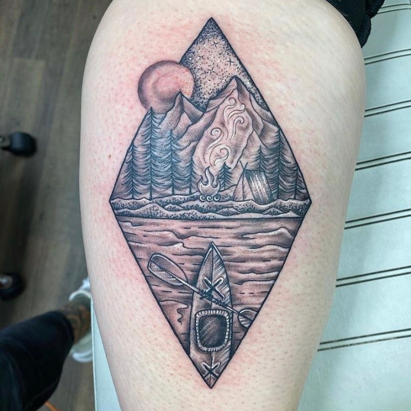 Canoe and Campfire Mountain Scene Tattoo Tattoo Design