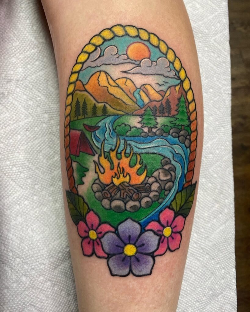 Colorful Mountain Campfire Scene Tattoo Tattoo Design