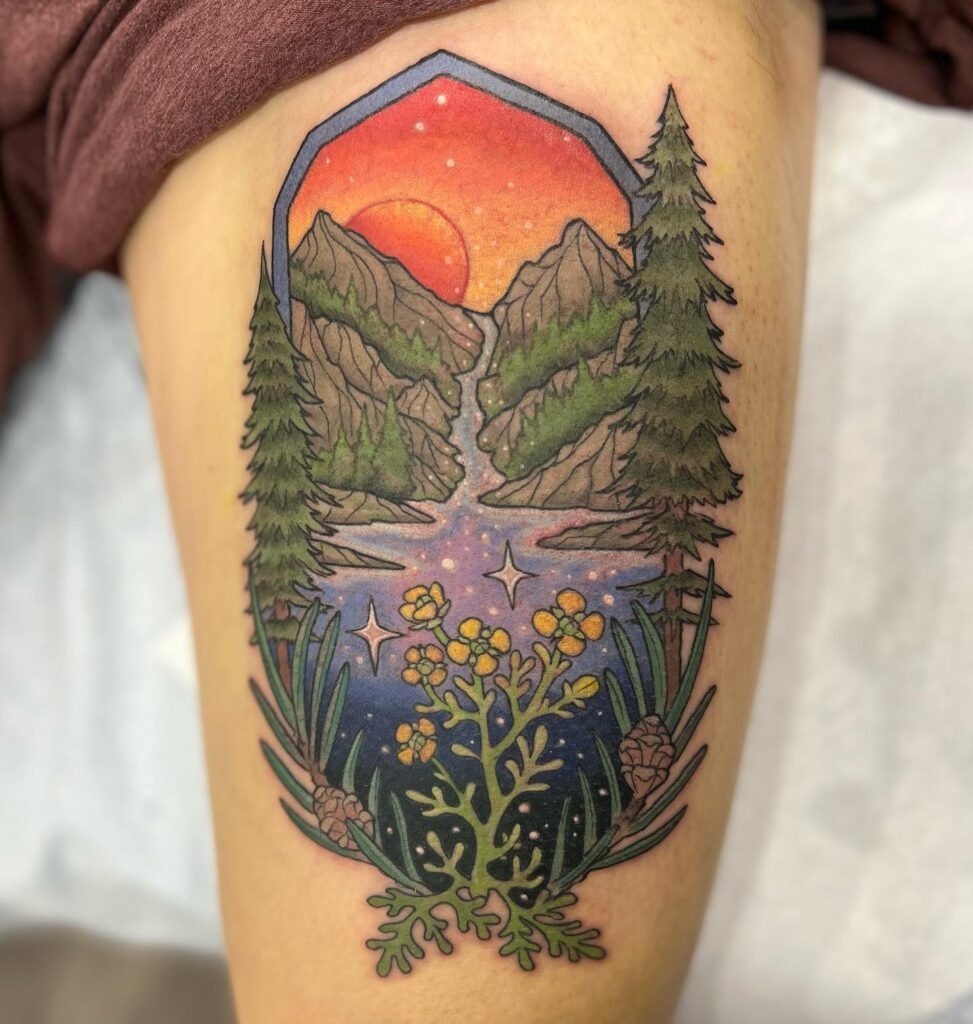 Colorful Mountain Sunset and Wildflower Tattoo Tattoo Design