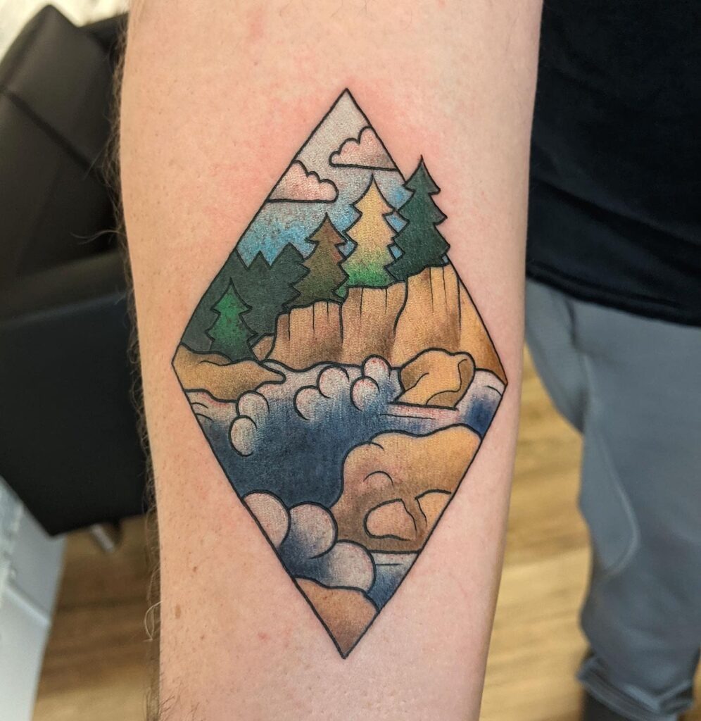Colorful River and Forest Diamond Tattoo Tattoo Design