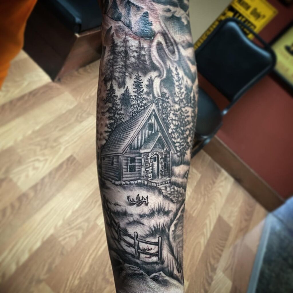 Cozy Cabin by the Lake Tattoo Tattoo Design