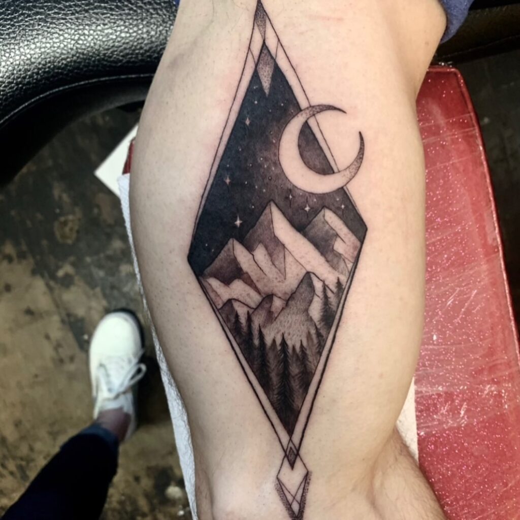 Crescent Moon and Mountain Nature Scene Tattoo Tattoo Design