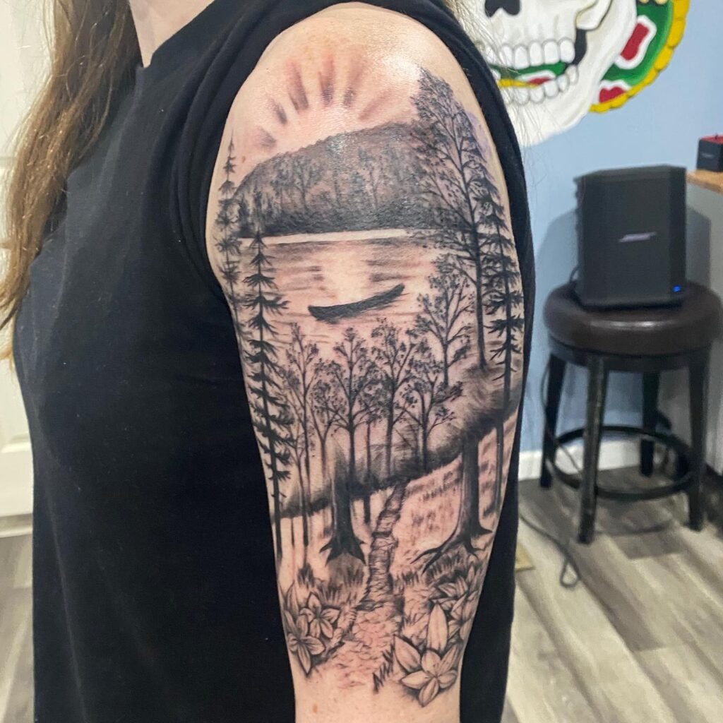 Forest Trail and Lake Nature Scene Tattoo Tattoo Design