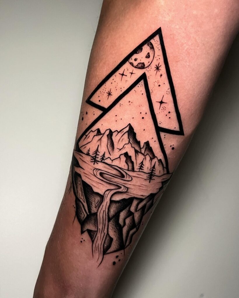 Geometric Mountain and Waterfall Nature Tattoo Tattoo Design