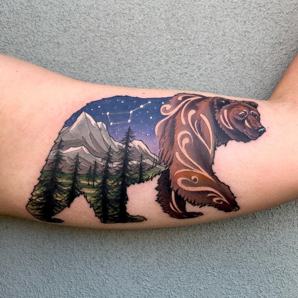 Grizzly Bear Landscape Tattoo with Ursa Major Constellation Tattoo Design