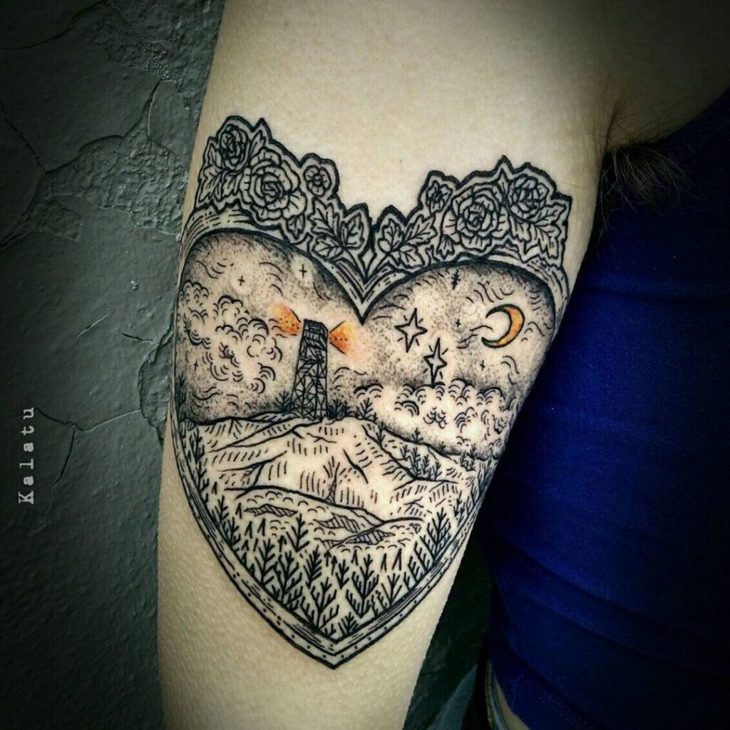 Heart-Shaped Fire Tower Landscape Tattoo Tattoo Design