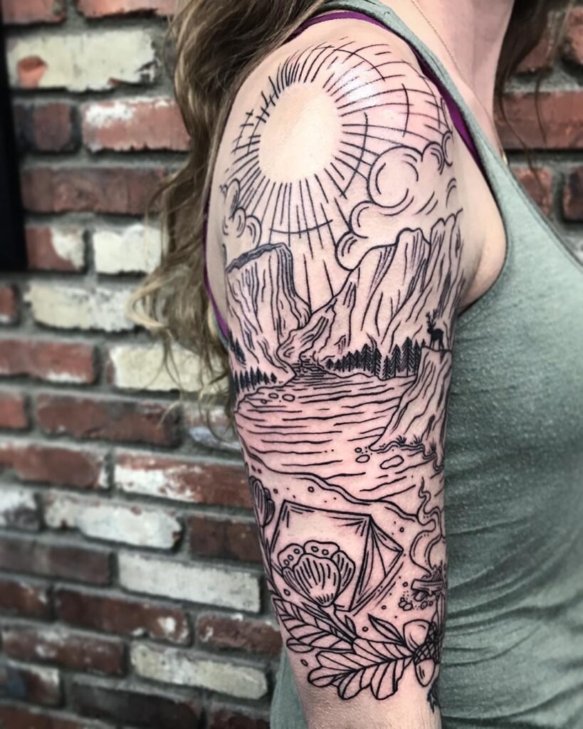 Linework Nature Scene Tattoo Inspired by White Mountain and Acadia Tattoo Design