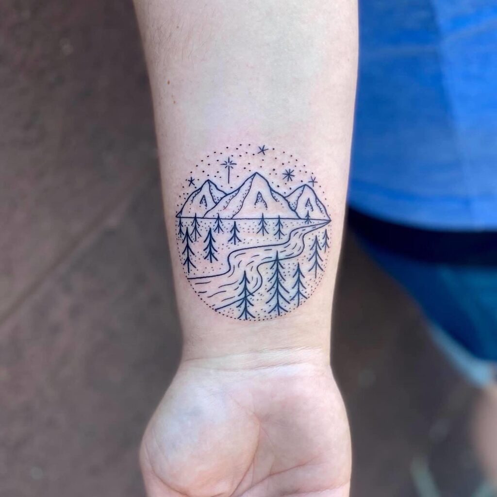 Minimal Mountain and River Circle Tattoo Tattoo Design