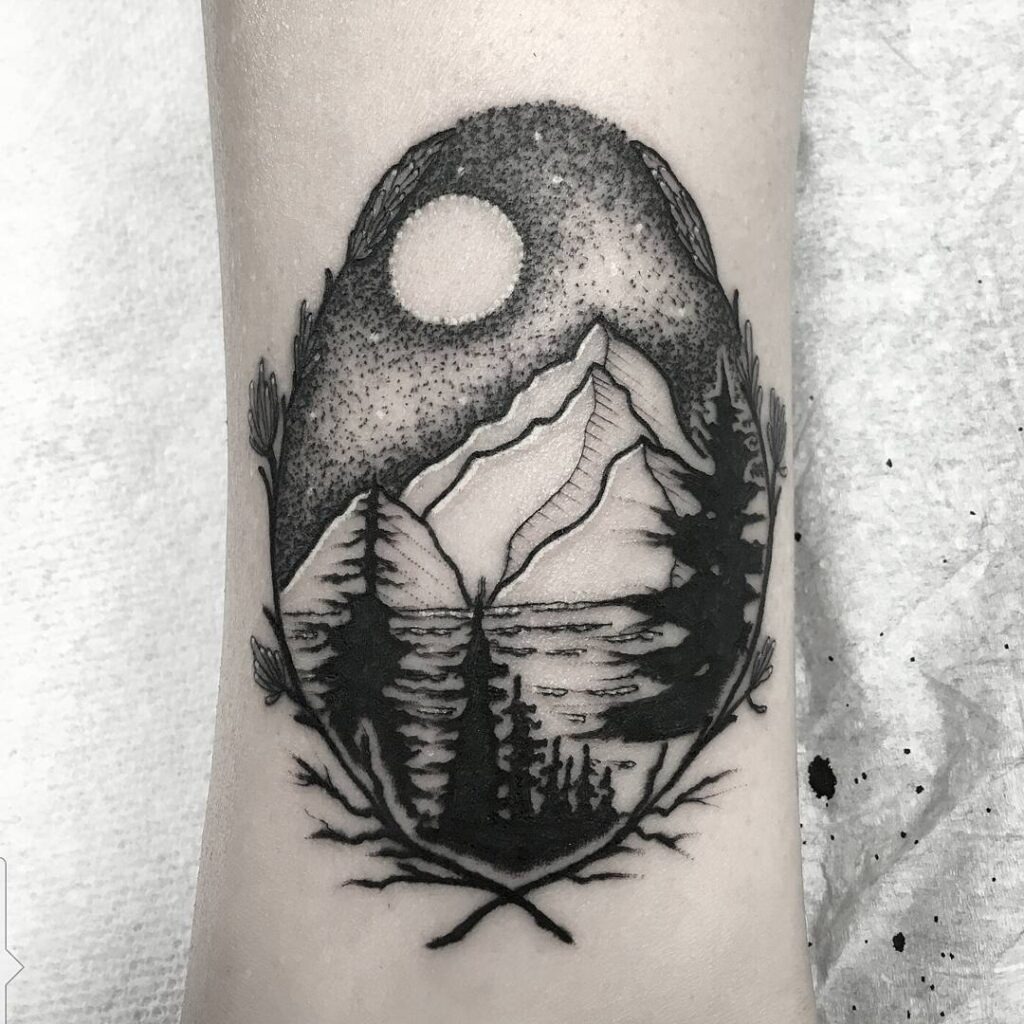 Moonlit Mountain and Forest Nature Scene Tattoo Tattoo Design