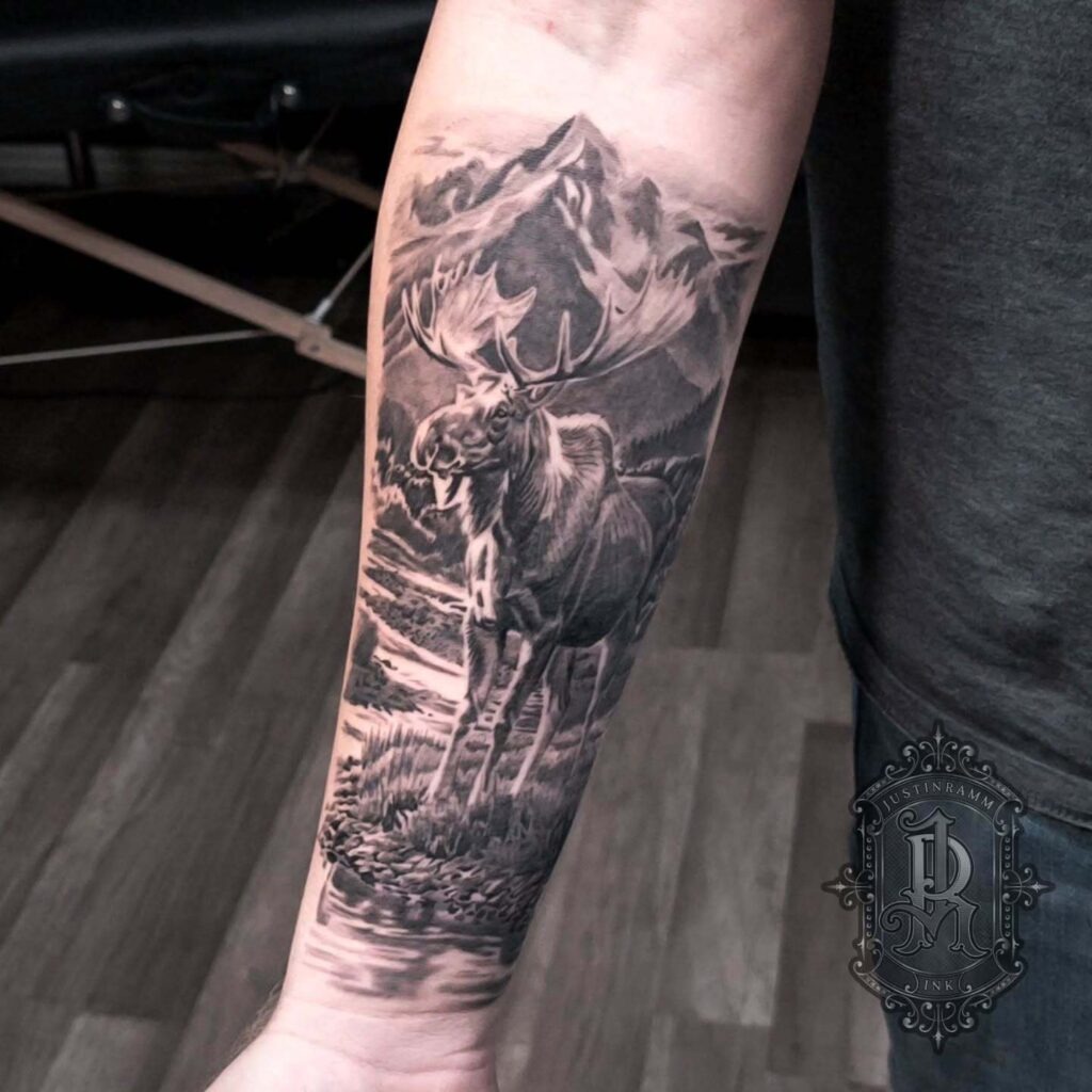 Moose and Mountain Nature Scene Tattoo Tattoo Design
