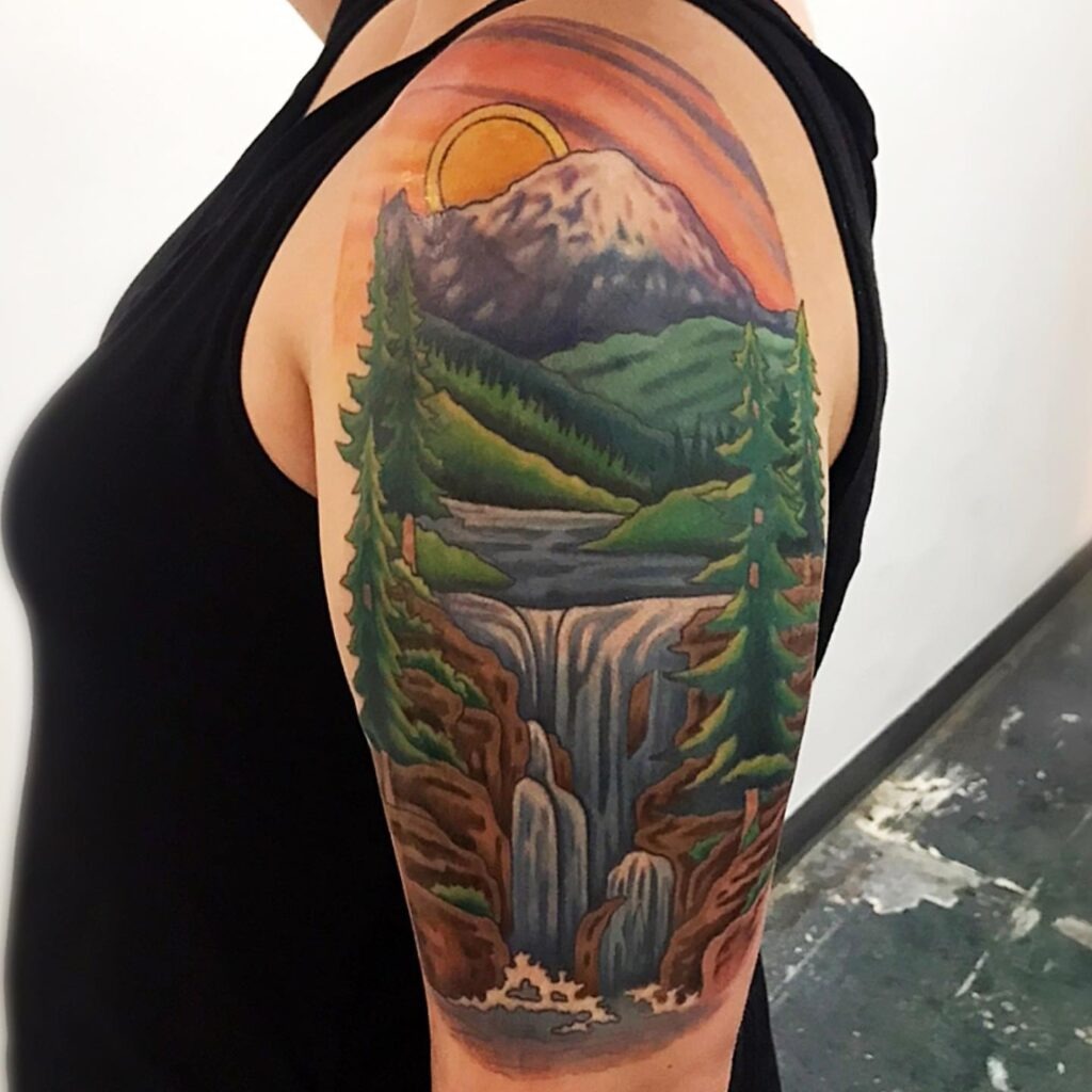 Mount Rainier Waterfall Nature Scene Tattoo Tattoo Design