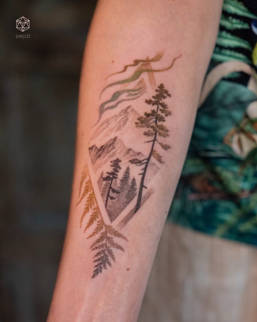 Mountain and Fern Nature Scene Tattoo Tattoo Design