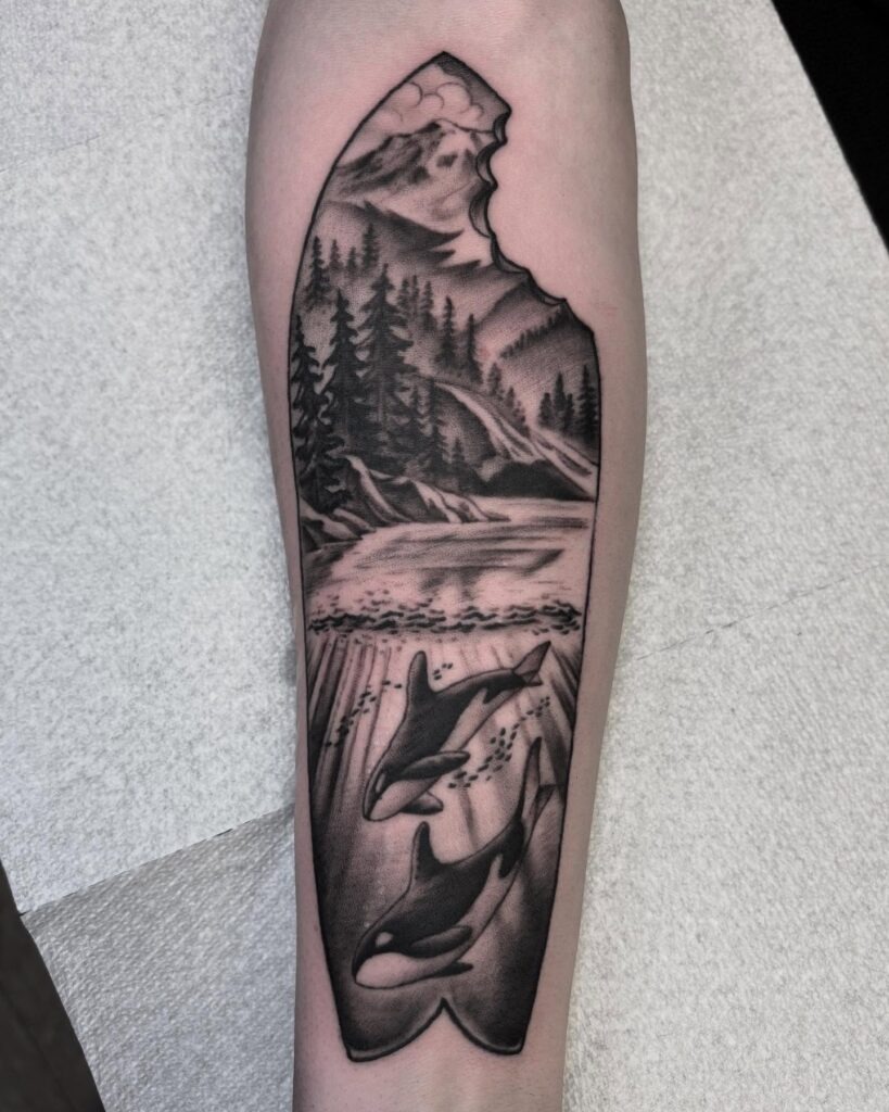 Mountain and Orca Nature Scene Tattoo Tattoo Design